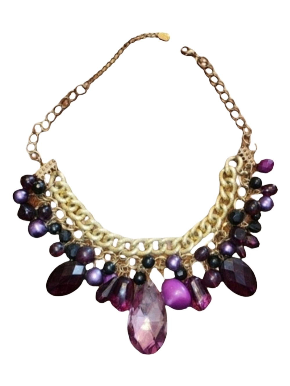 YOU & I Vintage Chunky Statement Bib Necklace Purple Gold Tone